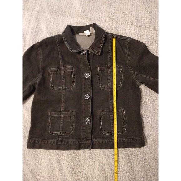Chico's denim rhinestone flowered Jacket Sz 1 Black classic Boho Feminine - Picture 6 of 7